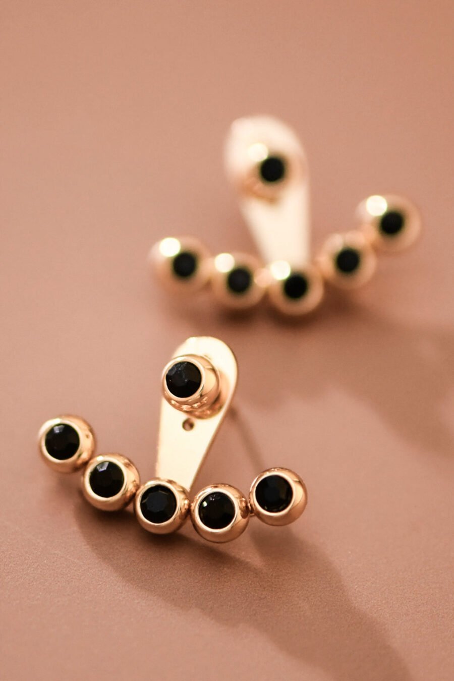 18K Gold Plated Stainless Steel Black Crystal Ear Jacket Studs – 7987