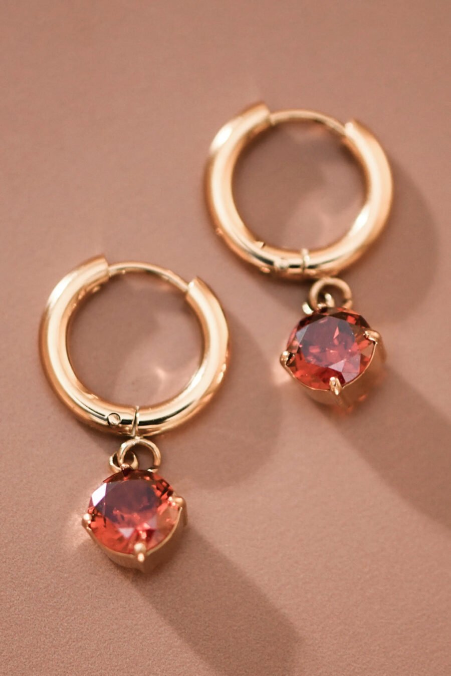 18K Gold Plated Stainless Steel Red Crystal Drop Hoops - 8008