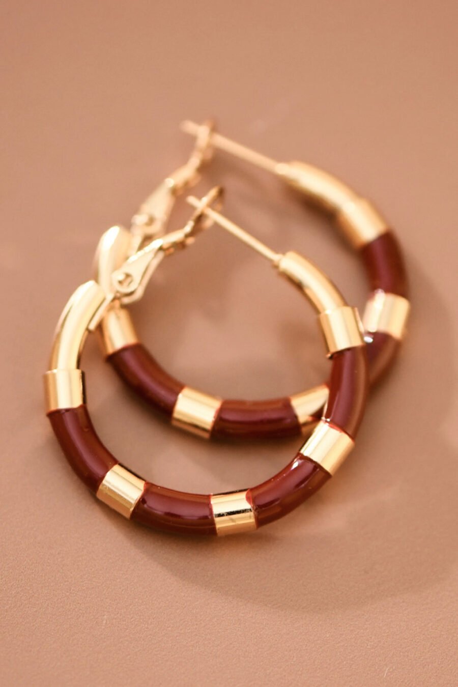 18K Gold Plated Stainless Steel Red Enamel Hoop Earrings - 8003