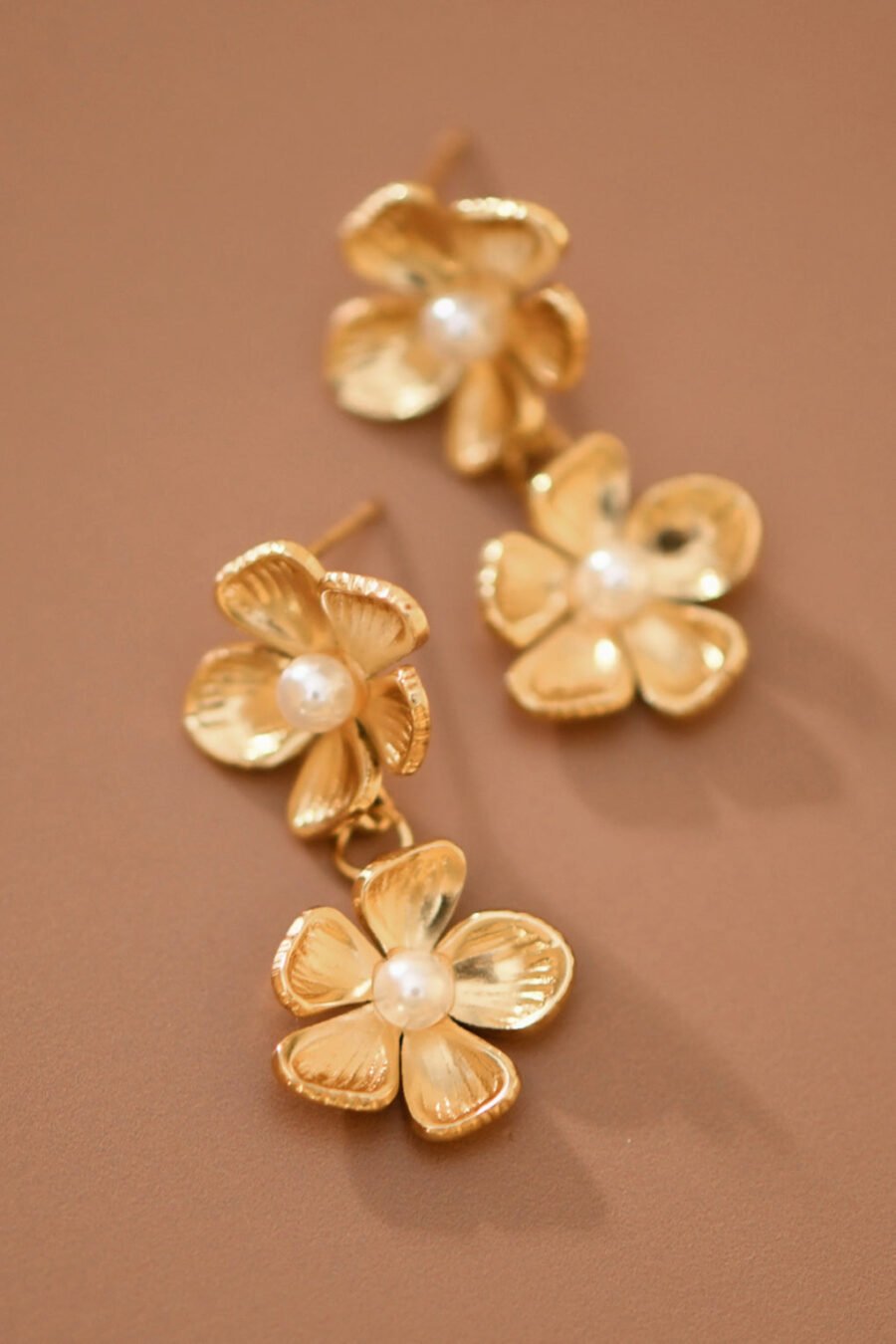 18K Gold Plated Stainless Steel Pearl Floral Drop Earrings - 7957