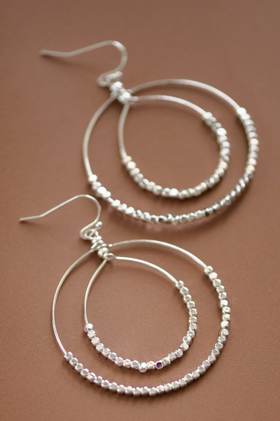 Silver Beaded Double Circle Drop Earrings - 5806