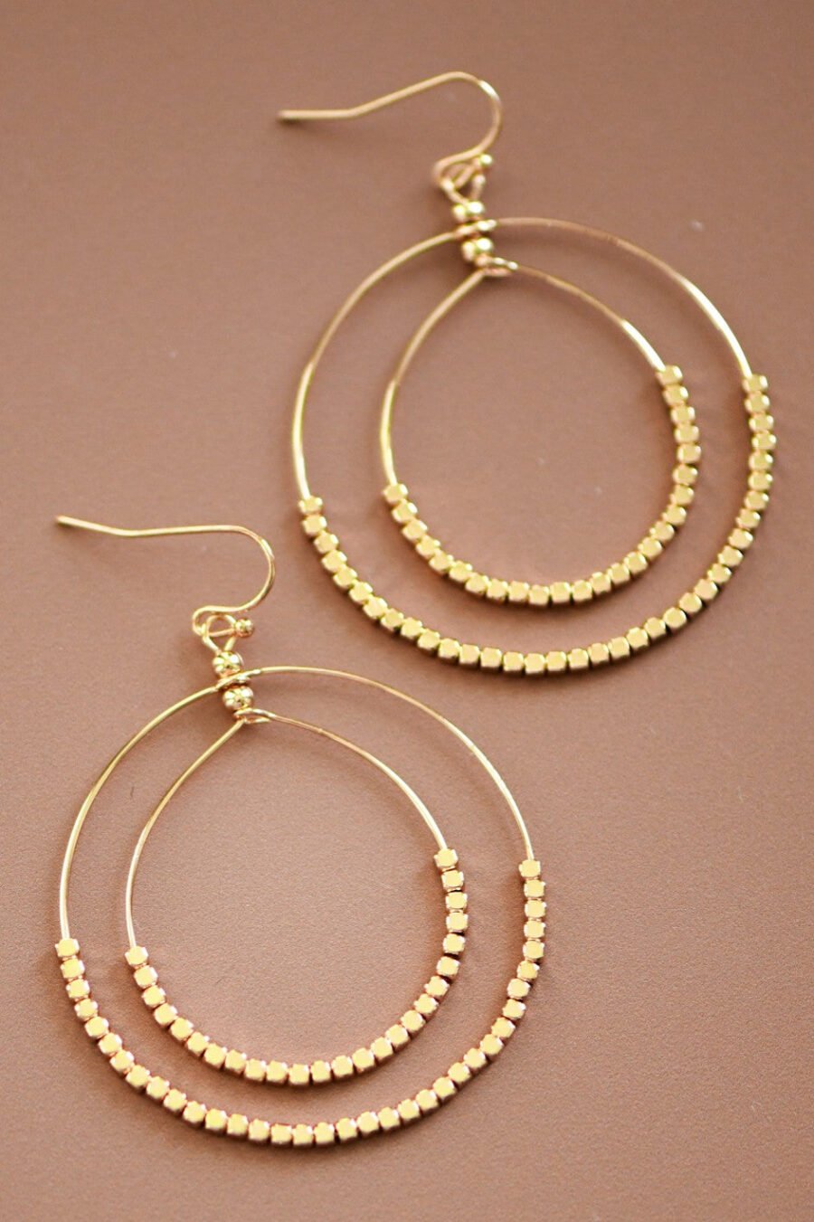 Gold Beaded Double Circle Drop Earrings - 5861