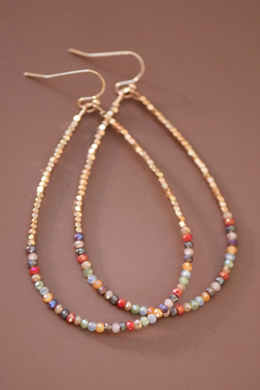 Gold Beaded Hollow Drop Earrings with Glass Beads - 6114