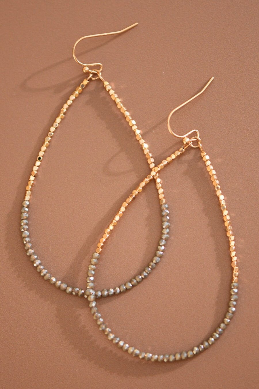 Gold Beaded Hollow Drop Earrings with Glass Beads - 6113