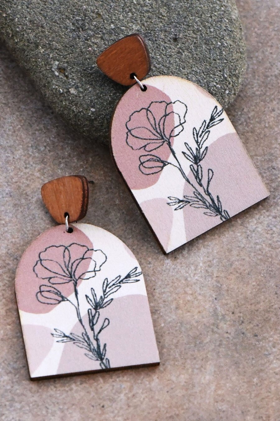 Floral Print Wooden Statement Earrings - 6428