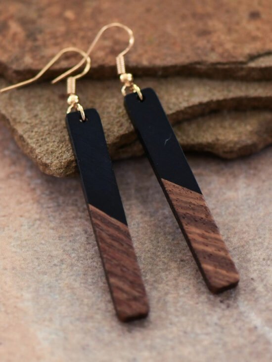 Two Tone Resin Wooden Bar Earrings - 6697