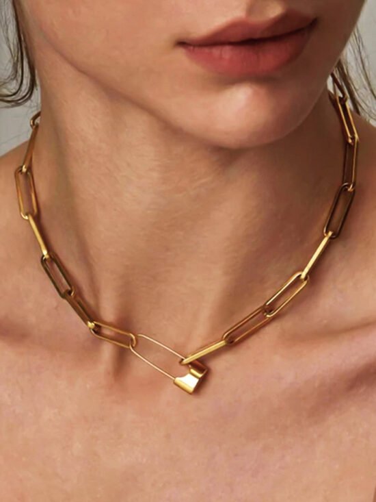 18K Gold Plated Link Chain Necklace with Safety Pin Clasp - 6845