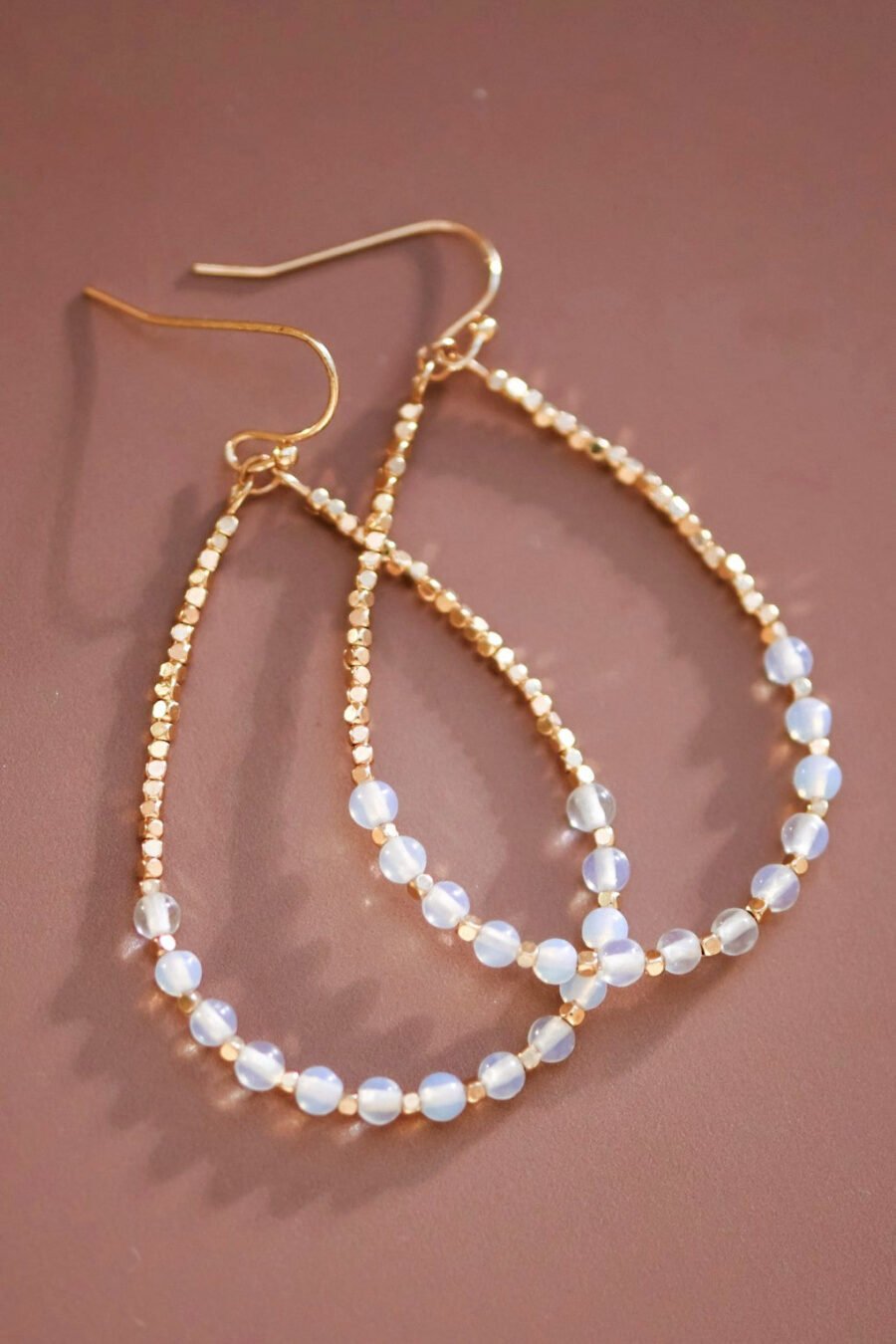 Opal Stone Beaded Teardrop Wire Earrings - 7275