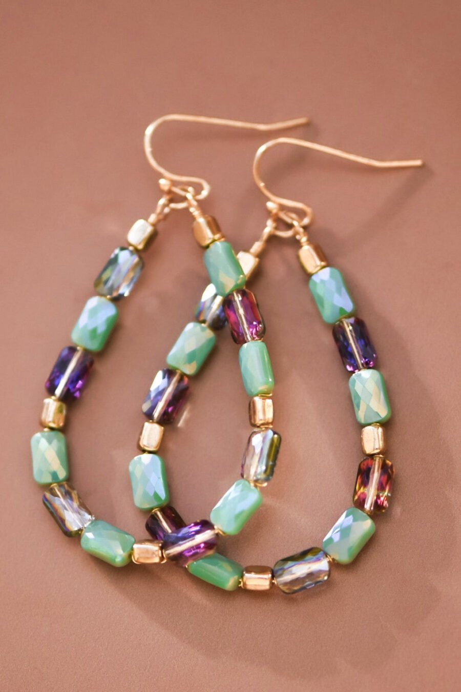 Teardrop Wire Beaded Glass Crystal Earrings - 7278