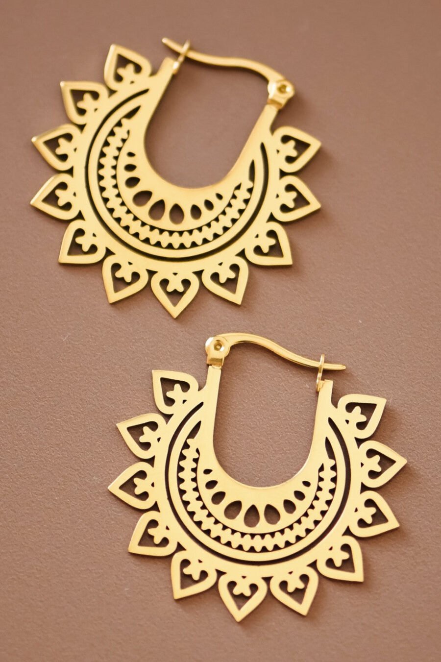 18K Gold Plated Stainless Steel Sunburst Hoop Earrings - 7502