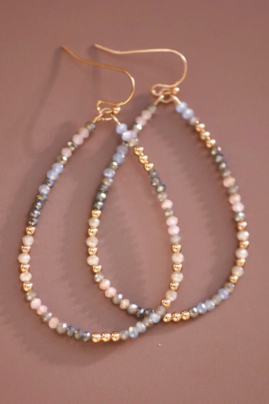 Teardrop Wire Beaded Glass Crystal Earrings - 7699