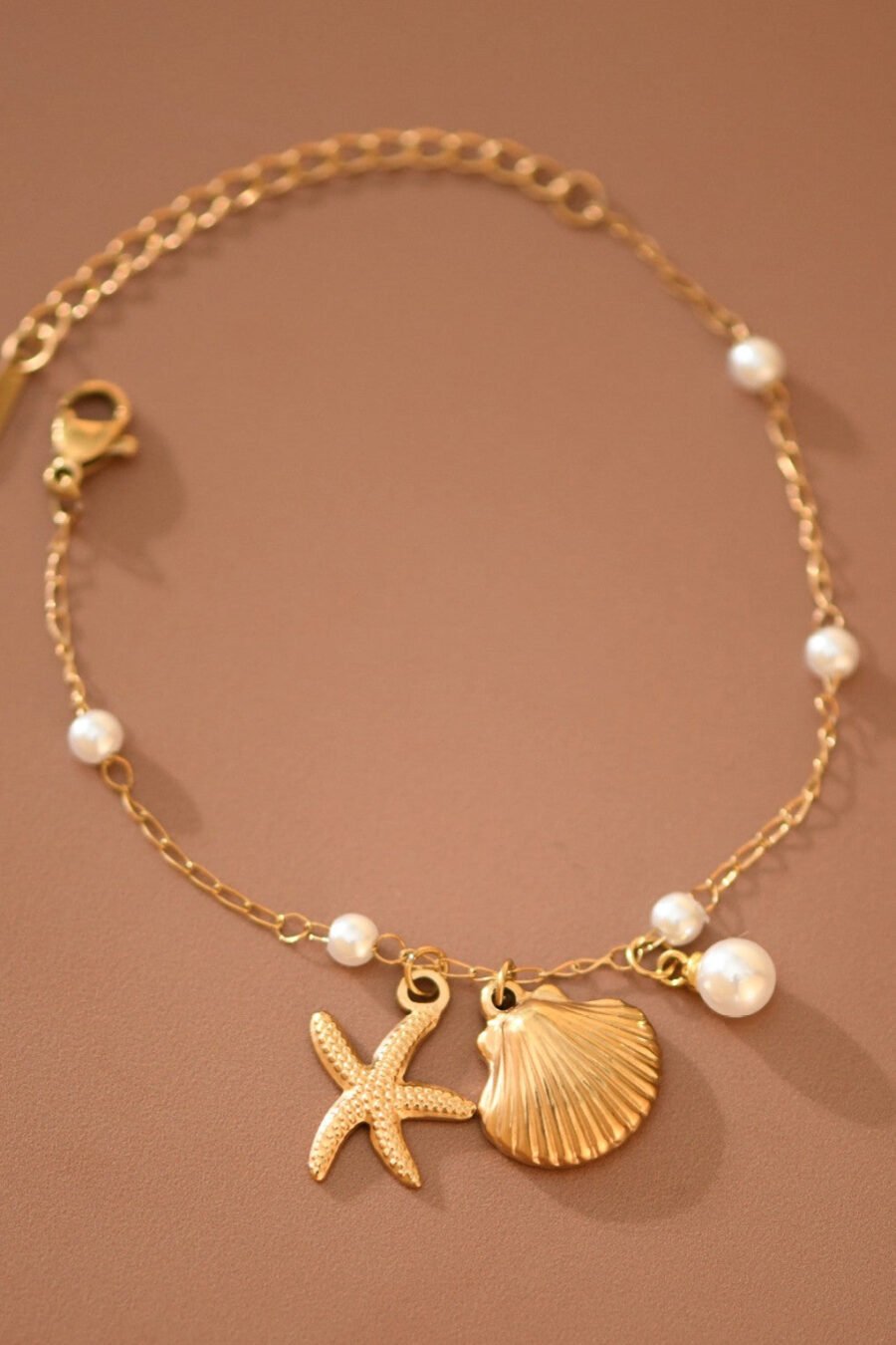 18K Gold Plated Stainless Steel Seashell Charm Bracelet - 7818