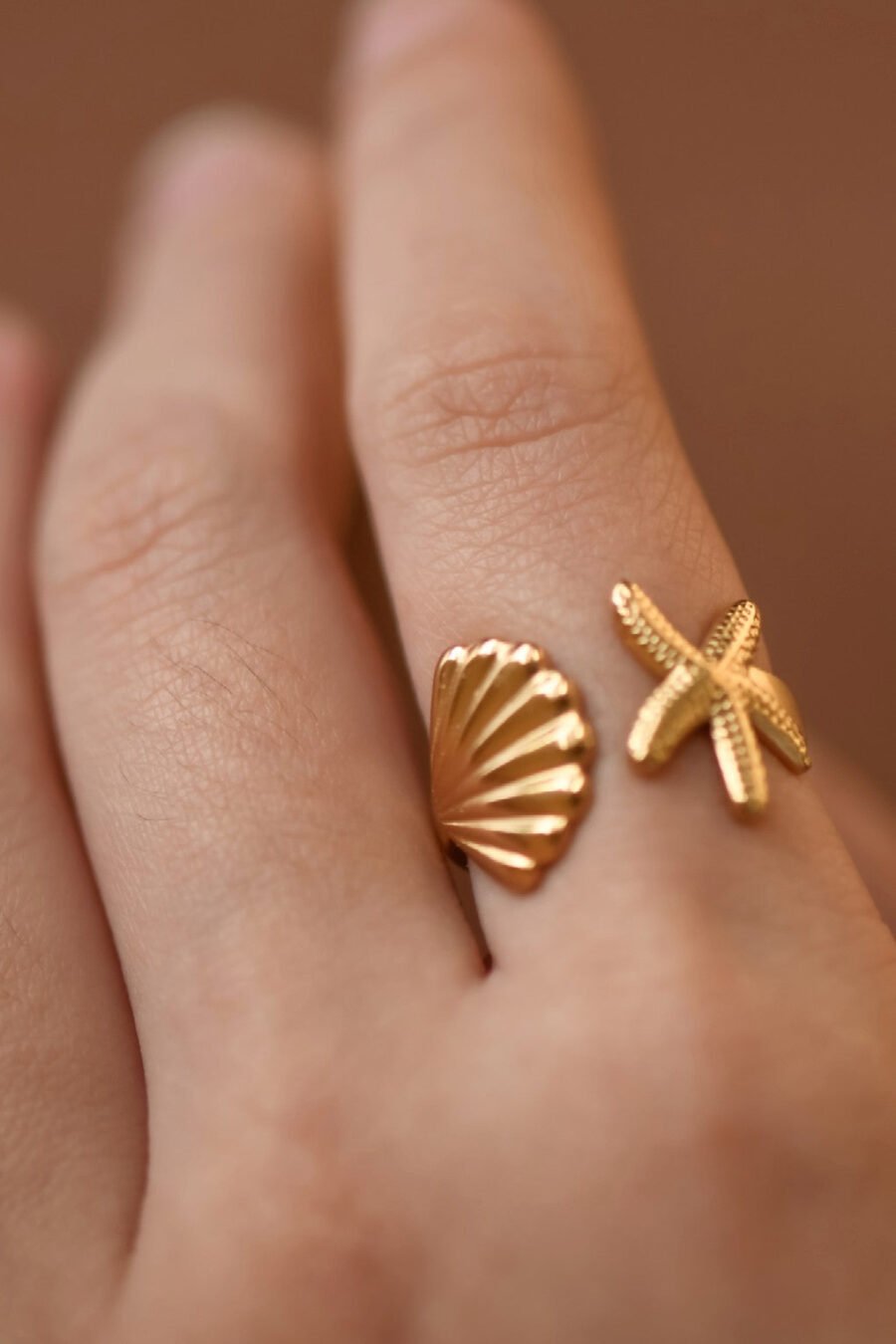 18K Gold Plated Stainless Steel Shell Starfish Ring - 7871