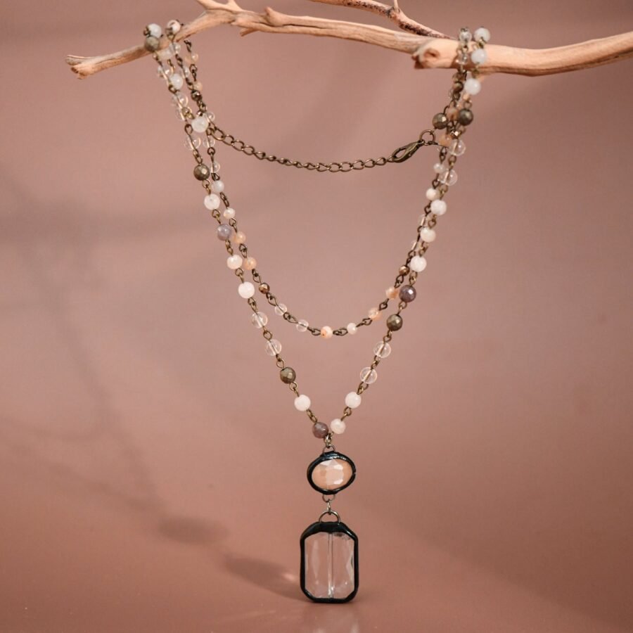 Double Layered Mixed Glass Bead and Stone Necklace - 7256