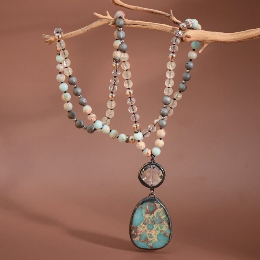 Natural Stone Bead Necklace with Stone Pendant - 6910