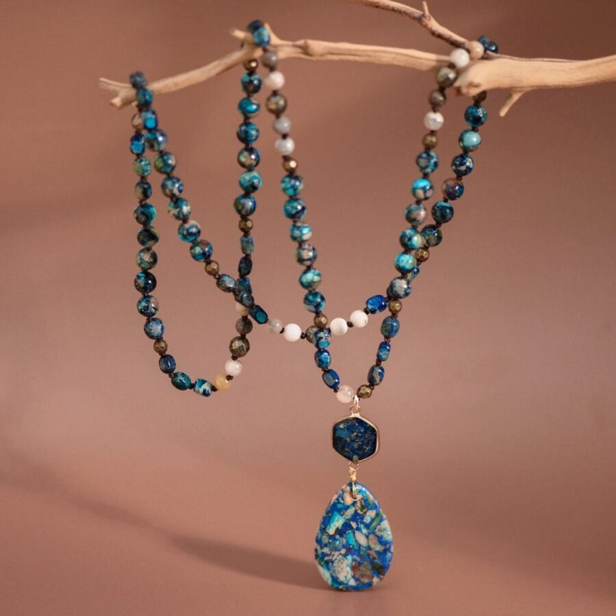 Stone Beaded Long Necklace, Large Stone Pendant - 7265