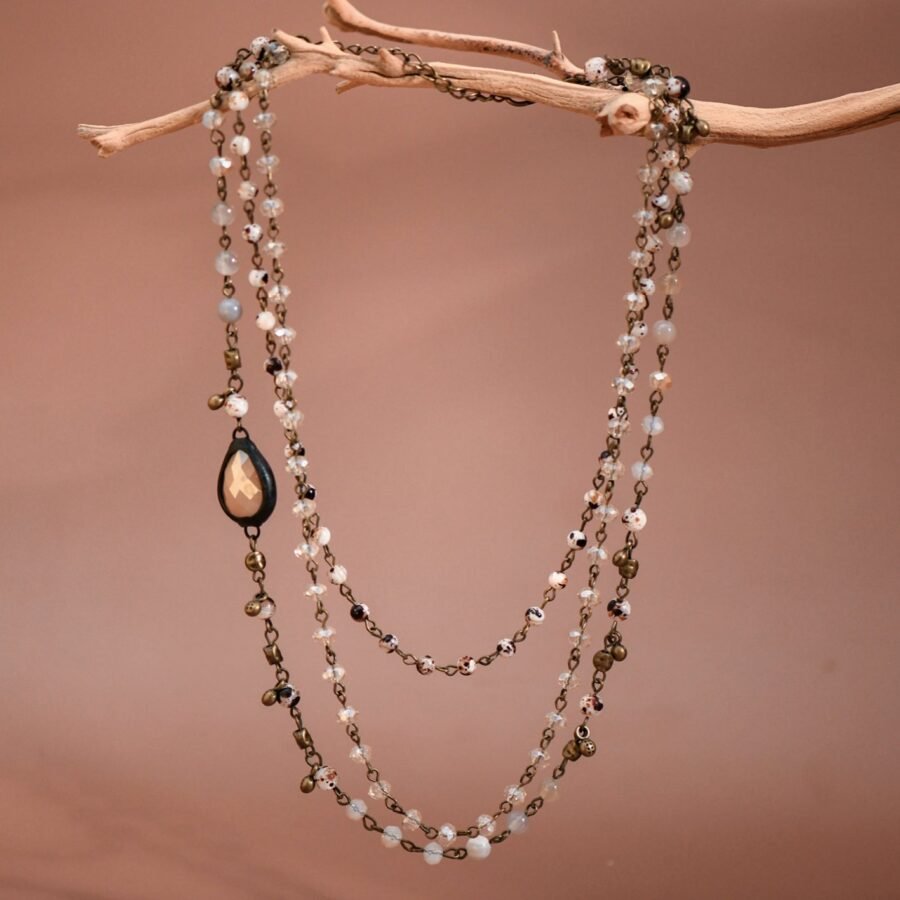 Triple Layered Mixed Glass Bead and Stone Necklace - 7260