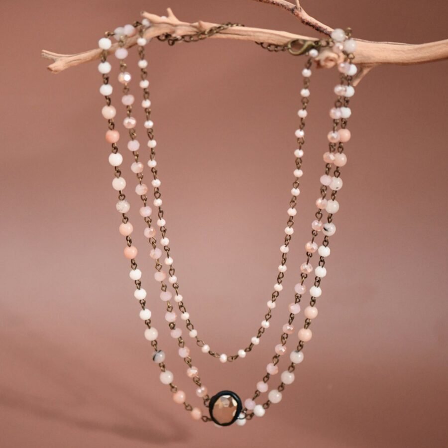 Triple Layered Mixed Glass Bead and Stone Necklace - 7259