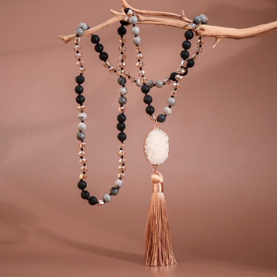 Stone Bead Necklace with Druzy Tassel Pendant - 6515