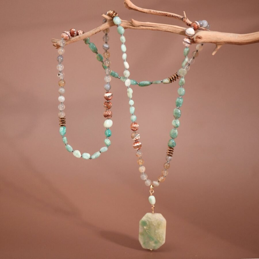 Natural Stone Bead Necklace with Stone Pendant - 6915