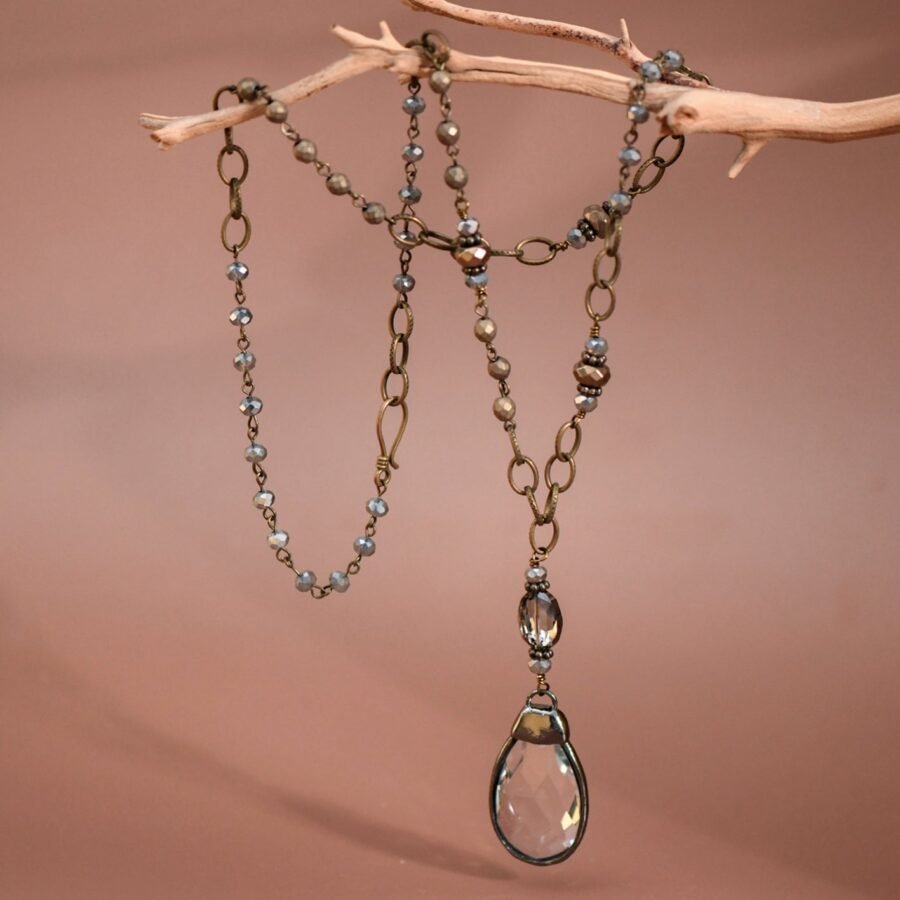 Boho Long Beaded Chain Link Necklace, Glass Crystal Teardrop Pendant - 6350