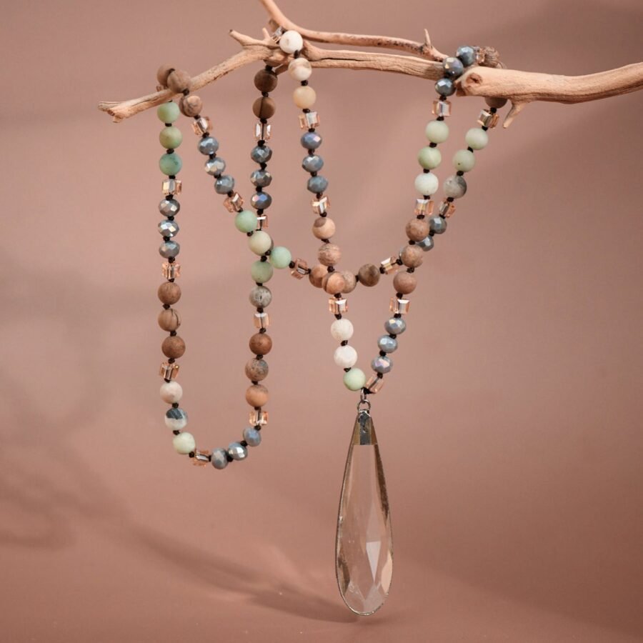 Natural Stone Bead Necklace with Crystal Pendant - 6294