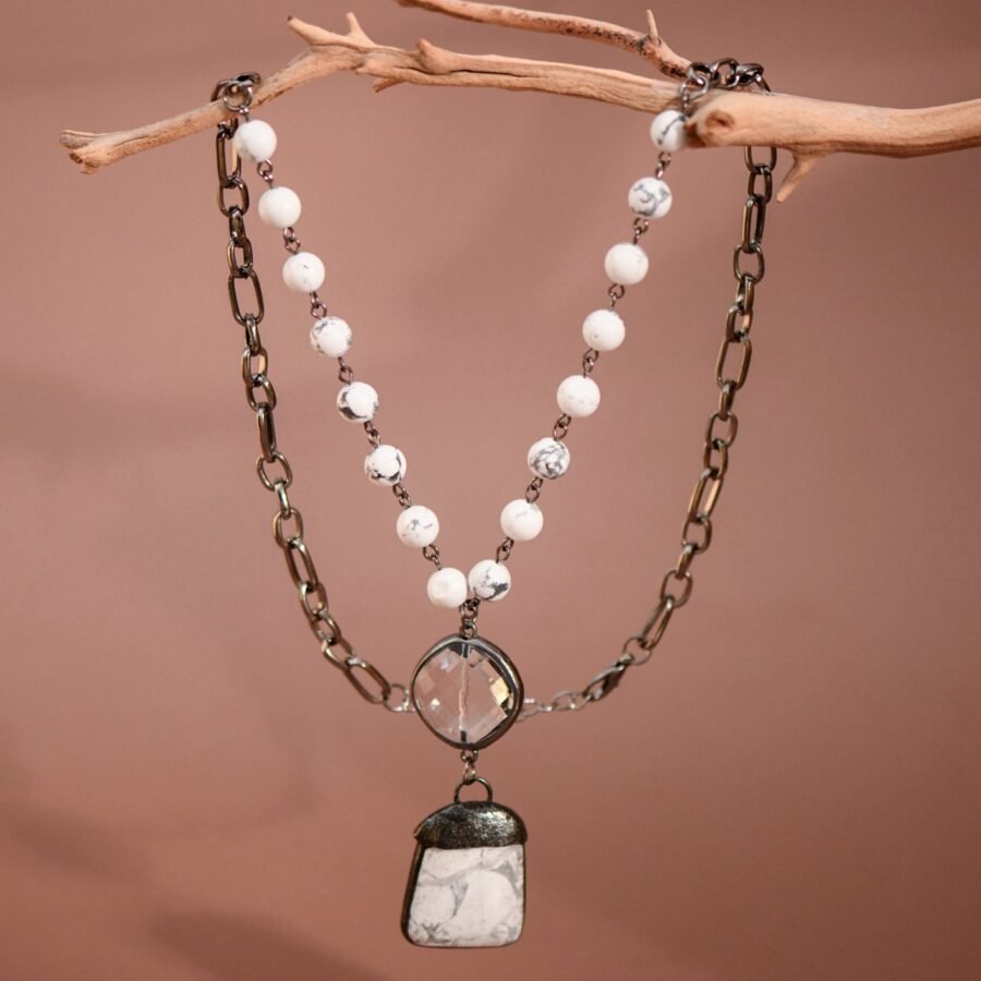 Natural Stone Pendant Beaded Chain Link Necklace - 6467