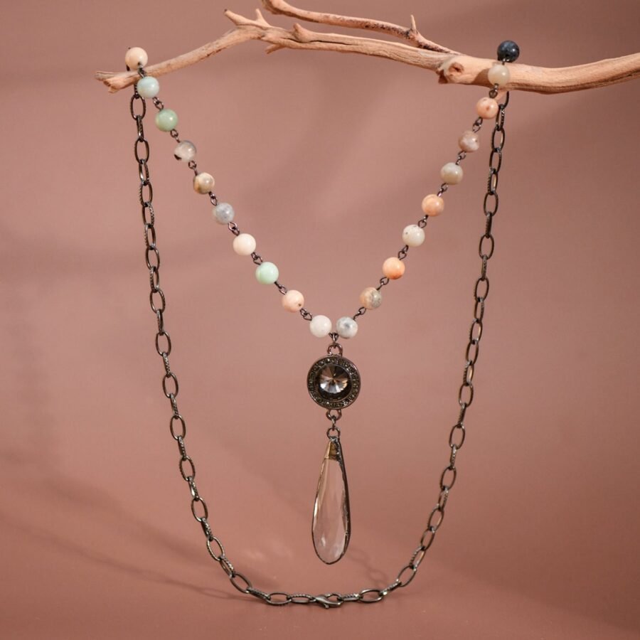 Glass Crystal Pendant Beaded Chain Link Necklace - 6473