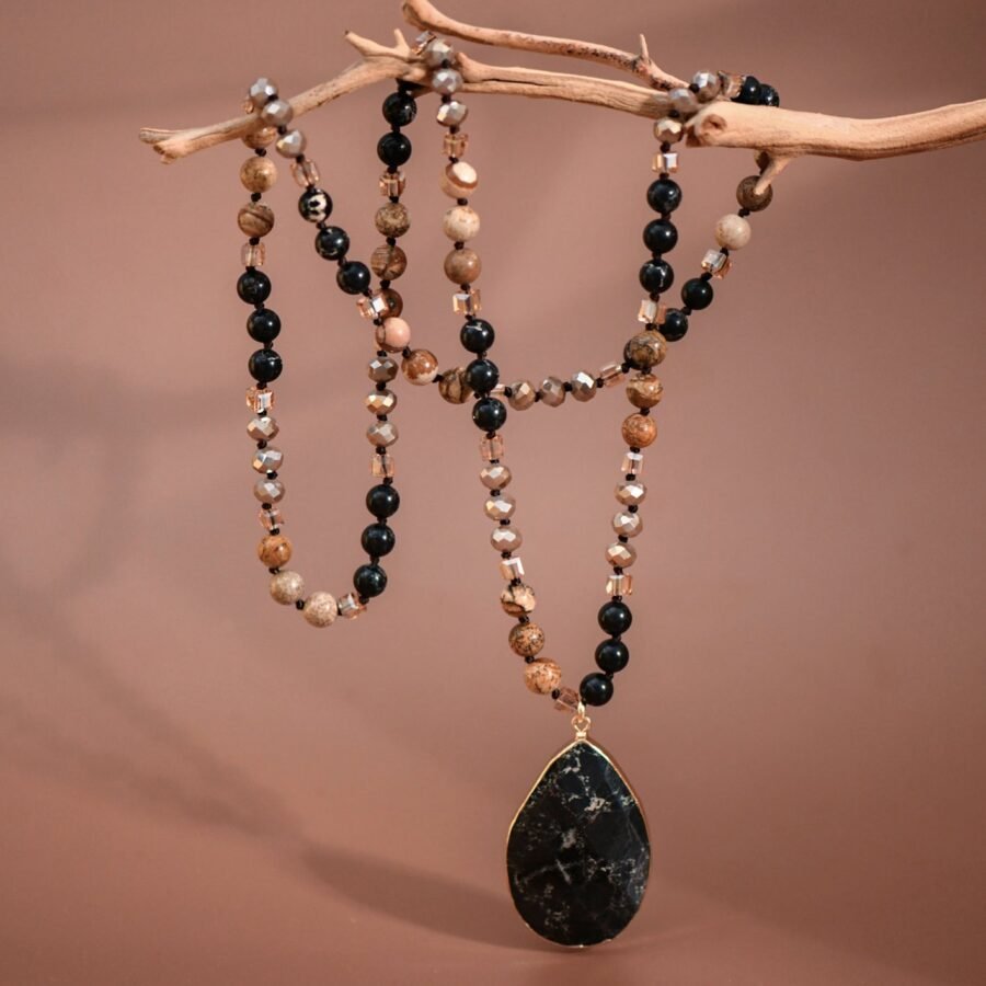 Natural Stone Bead Necklace with Stone Pendant - 6432