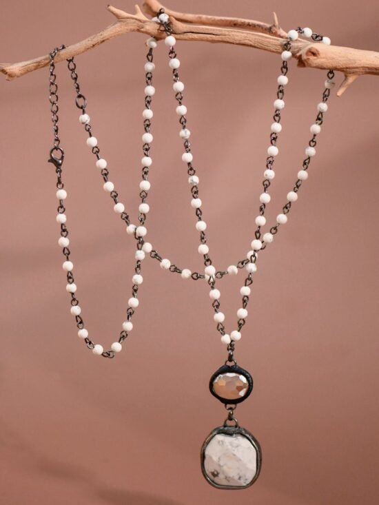 White Howlite Beaded Chain Necklace - 7266