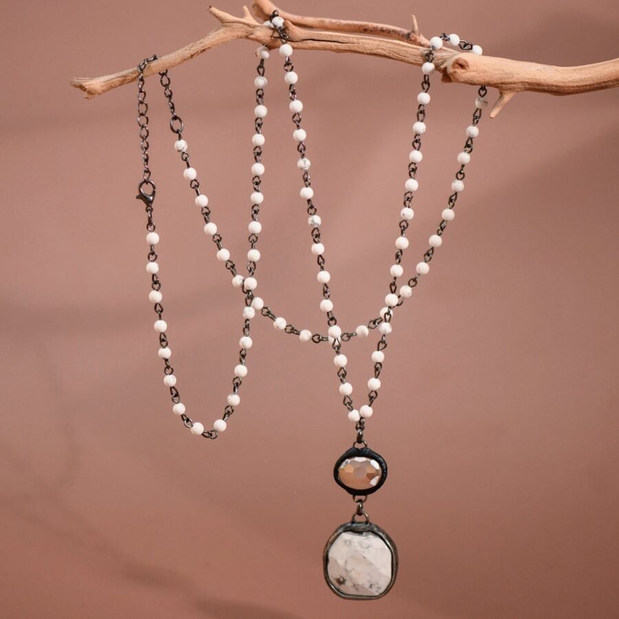 White Howlite Beaded Chain Necklace - 7266