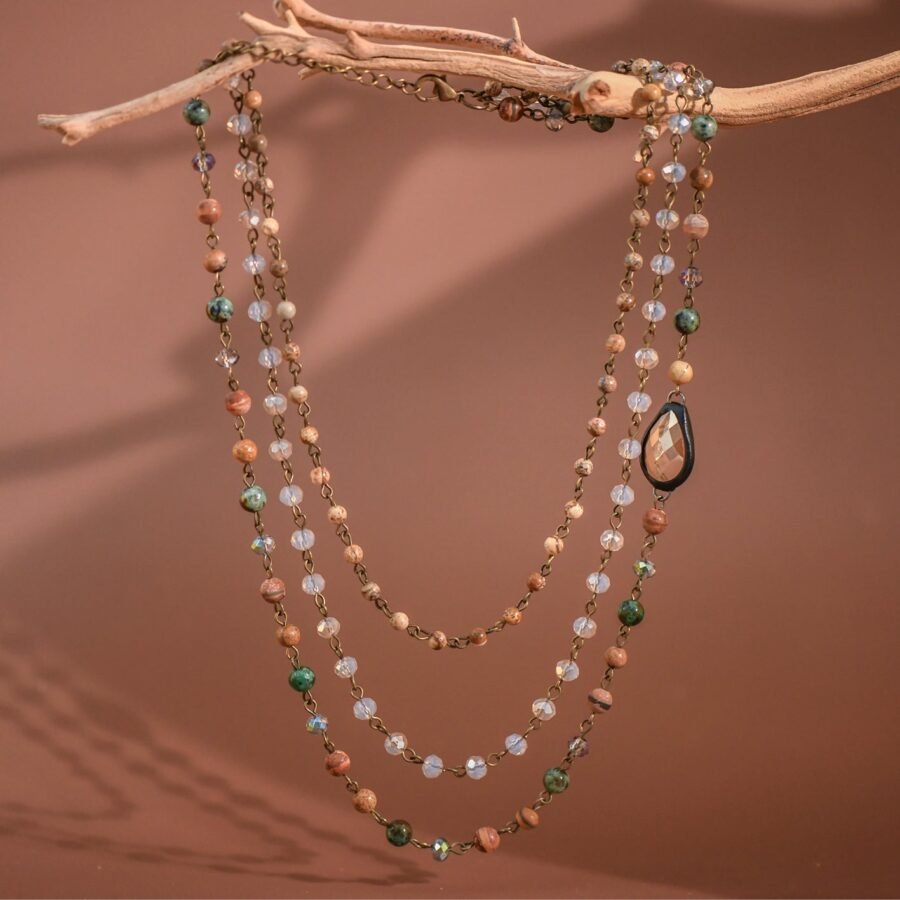 Triple Layered Mixed Glass Bead and Stone Necklace - 7254