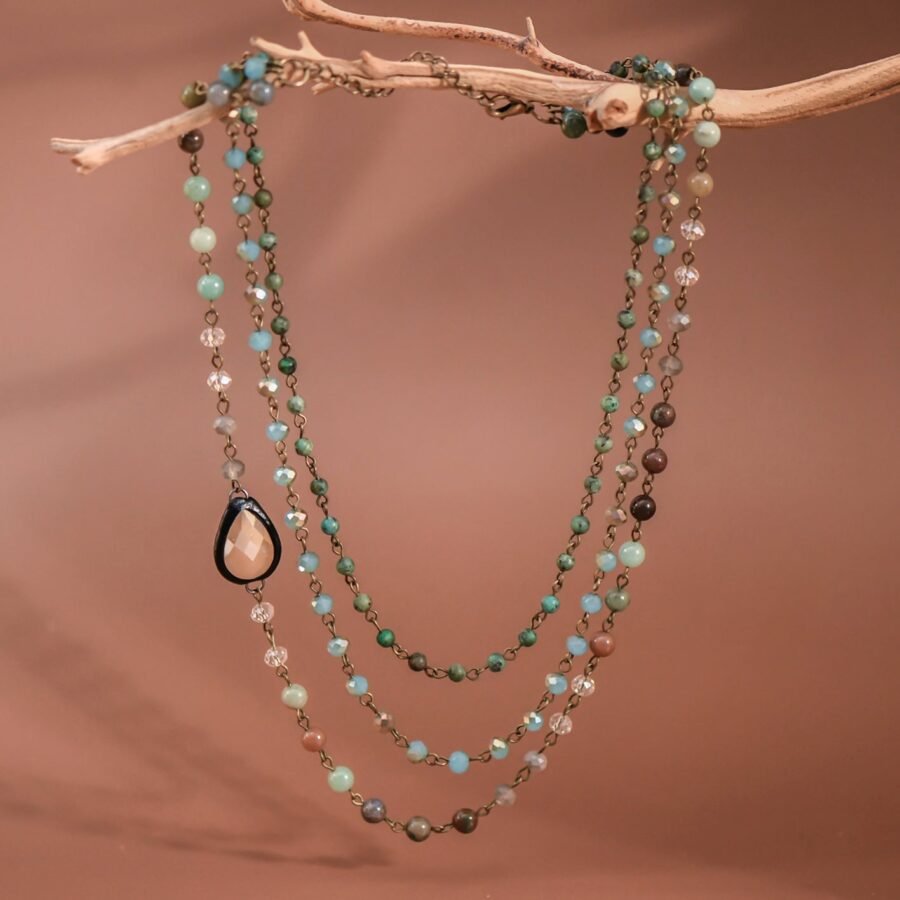 Triple Layered Mixed Glass Bead and Stone Necklace - 7261