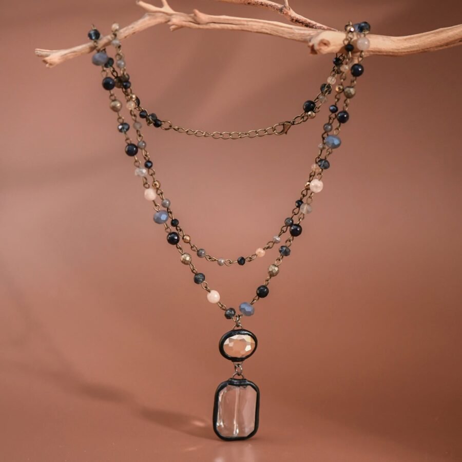 Double Layered Mixed Glass Bead and Stone Necklace - 7257