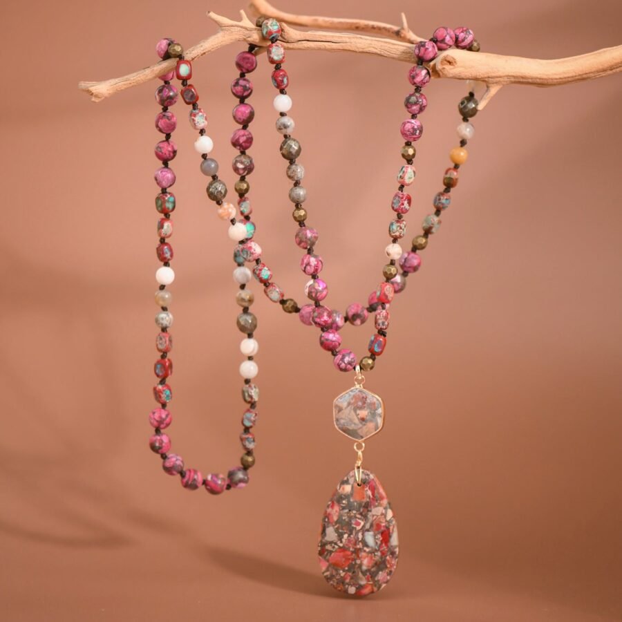 Stone Beaded Long Necklace, Large Stone Pendant - 7264