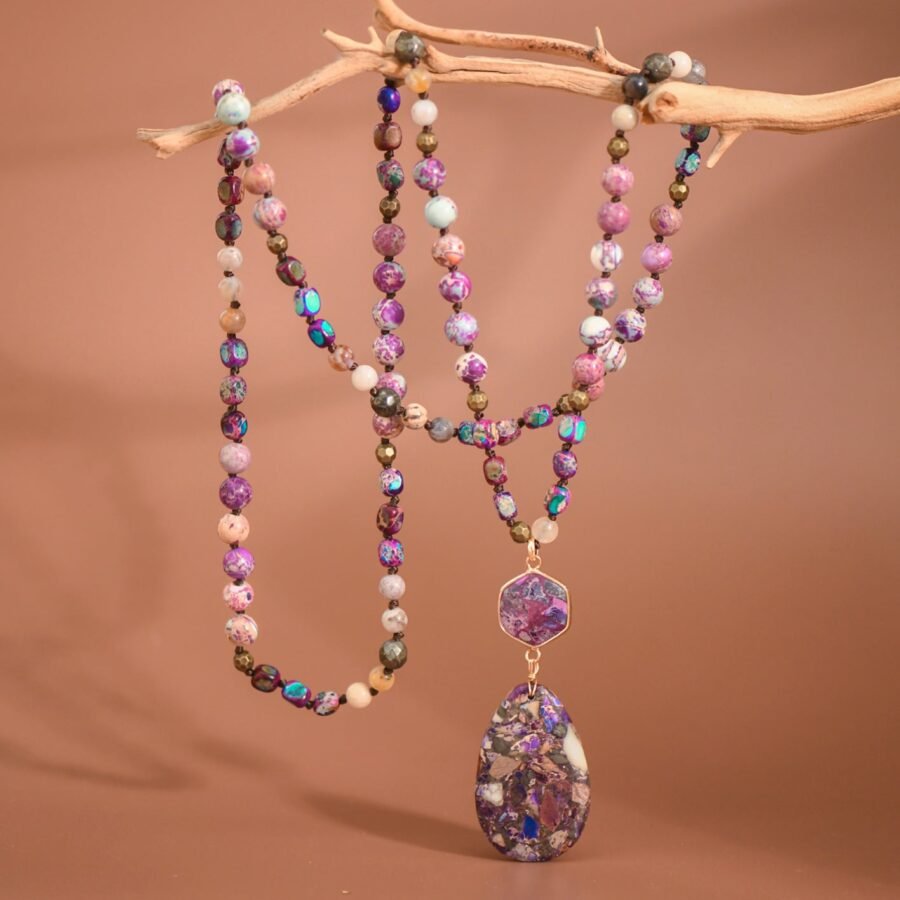 Stone Beaded Long Necklace, Large Stone Pendant - 7262