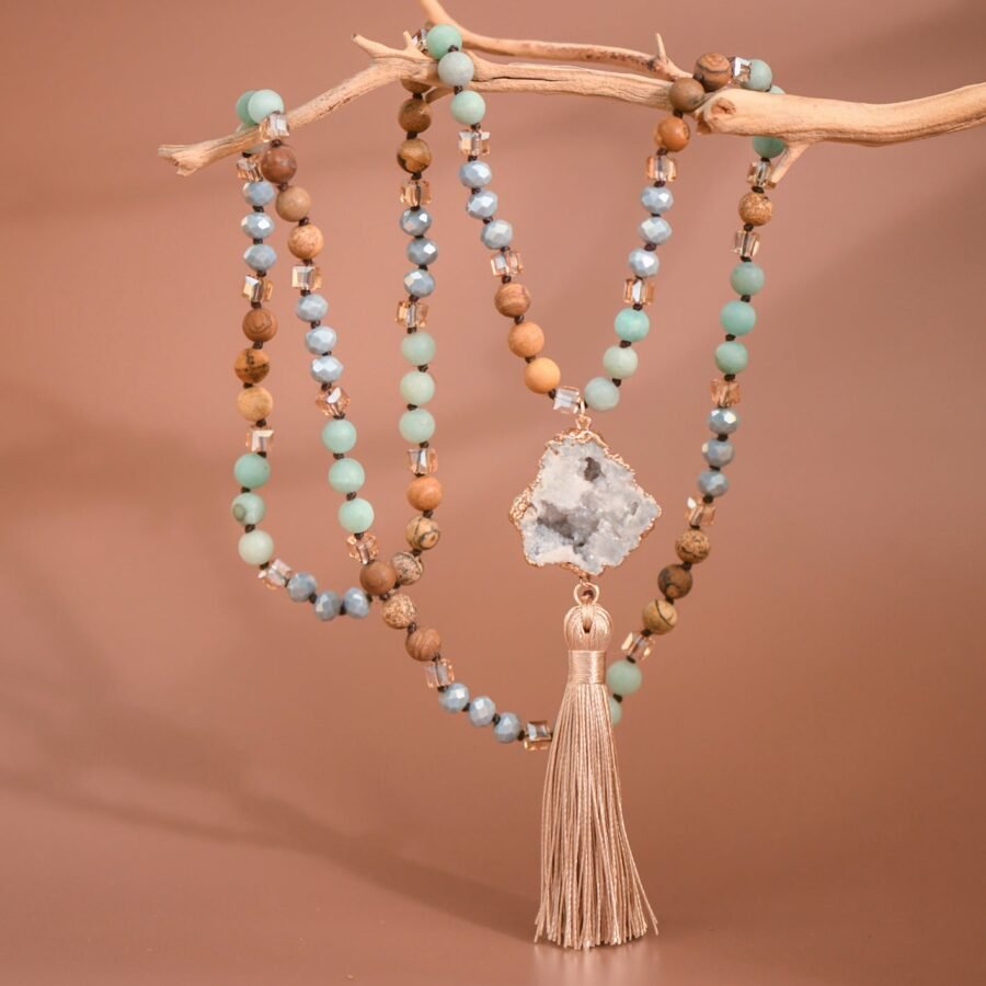 Stone Bead Necklace with Druzy Tassel Pendant - 6514