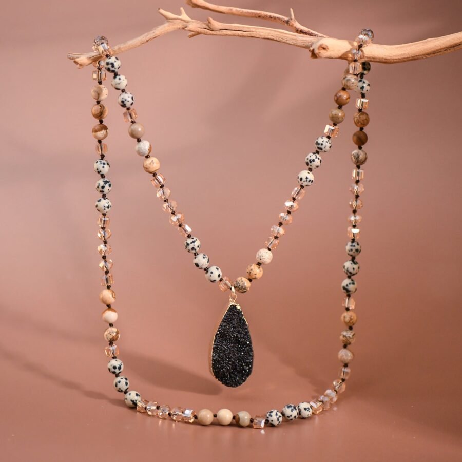 Natural Stone Bead Necklace with Druzy Pendant - 6468