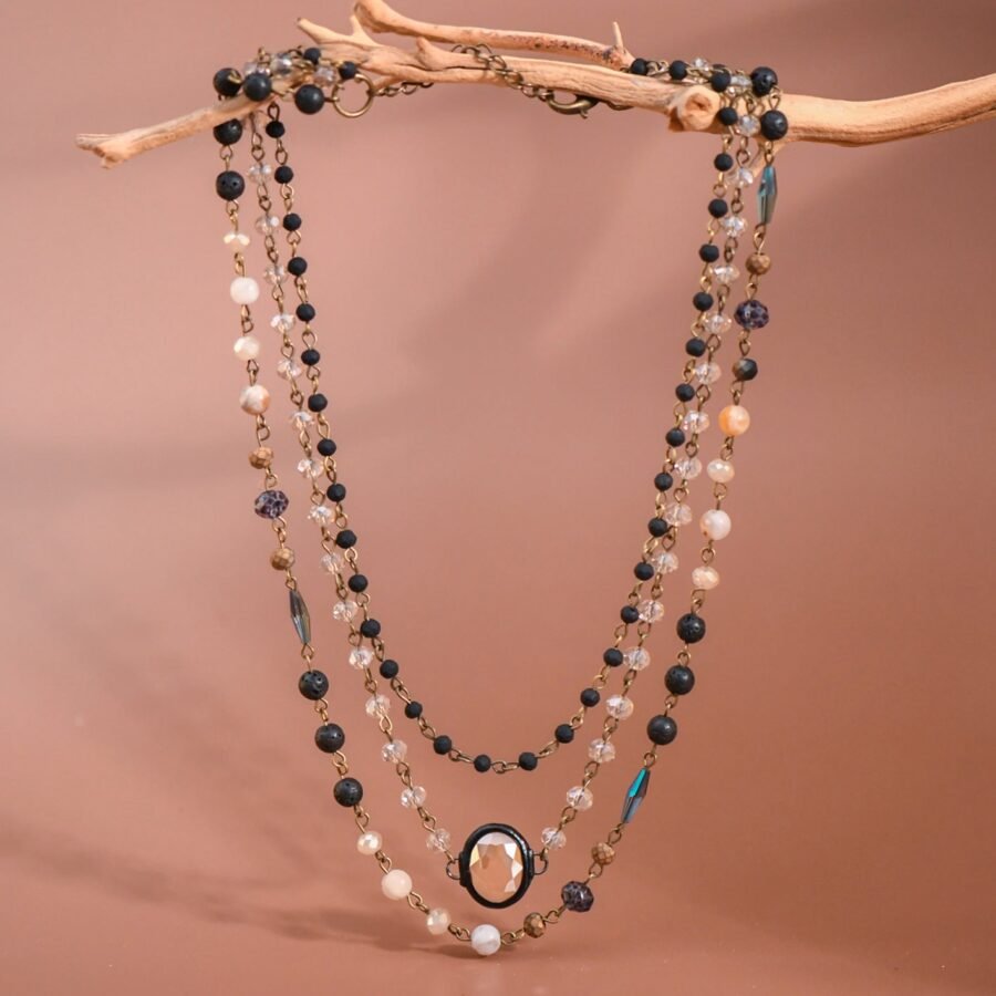 Triple Layered Mixed Glass Bead and Stone Necklace - 6909