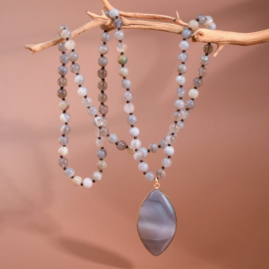 Natural Stone Bead Necklace with Agate Pendant - 6430