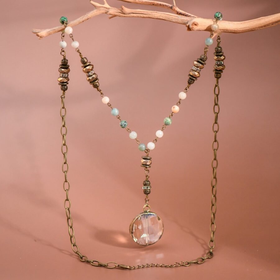 Natural Stone Bead Chain Link Necklace, Glass Crystal Pendant - 6518
