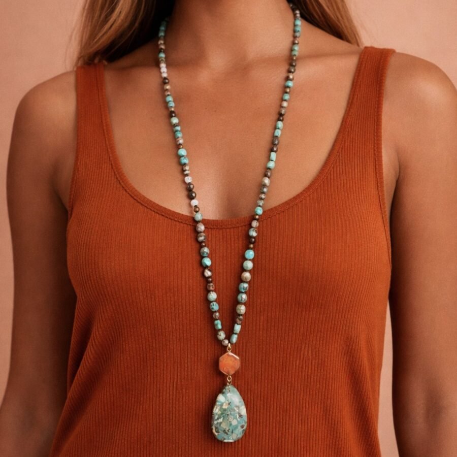 Stone Beaded Long Necklace, Large Stone Pendant - 7272