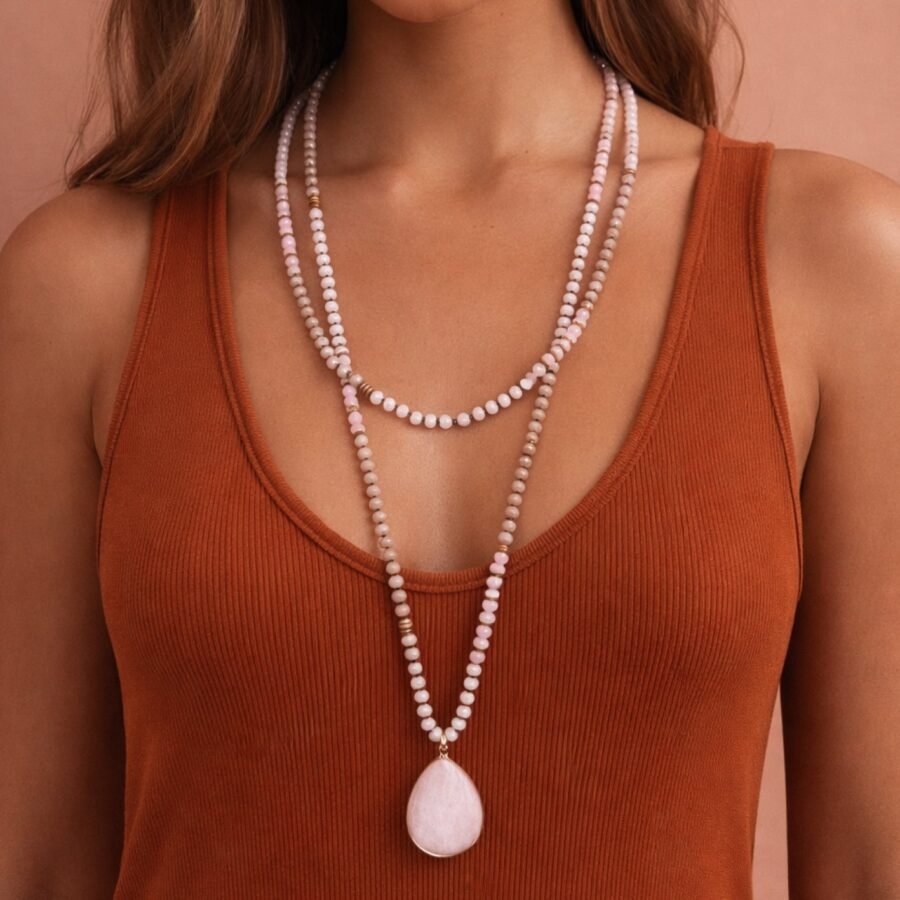 Boho Mixed Glass Bead Wrap Necklace, Natural Stone Drop Pendant - 6434