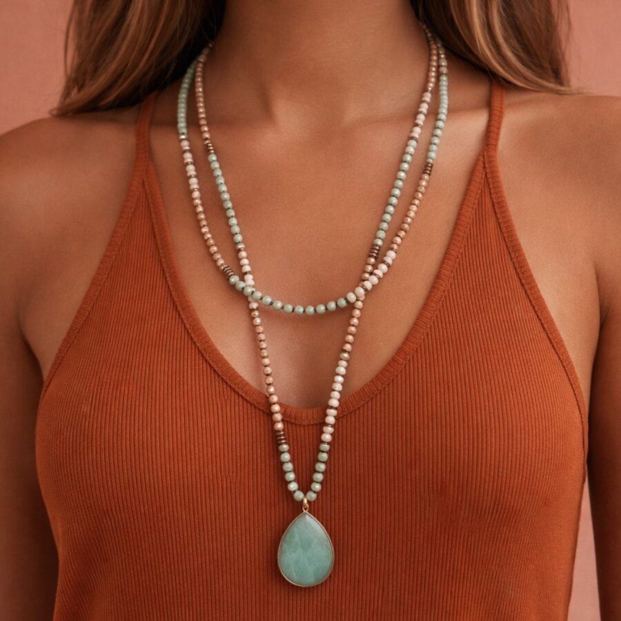 Boho Mixed Glass Bead Wrap Necklace, Natural Stone Drop Pendant - 6435