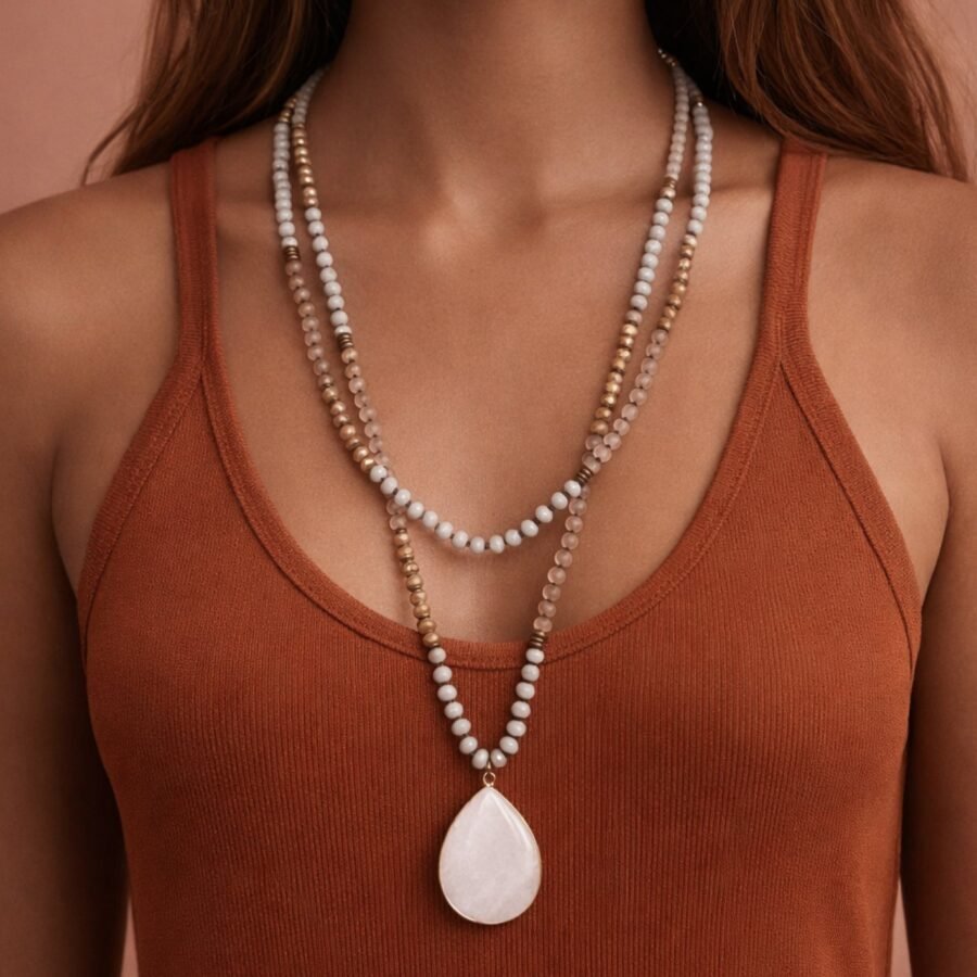 Boho Mixed Glass Bead Wrap Necklace, Natural Stone Drop Pendant - 6437