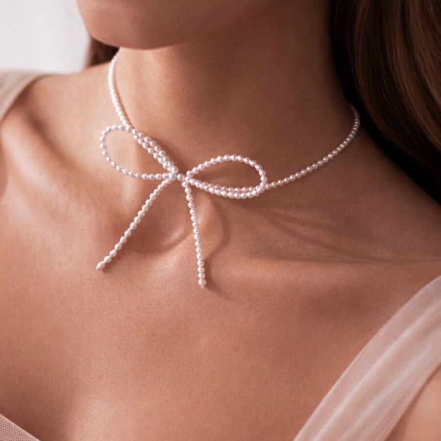 Beaded Pearl Bow Tie Choker Necklace - 7312